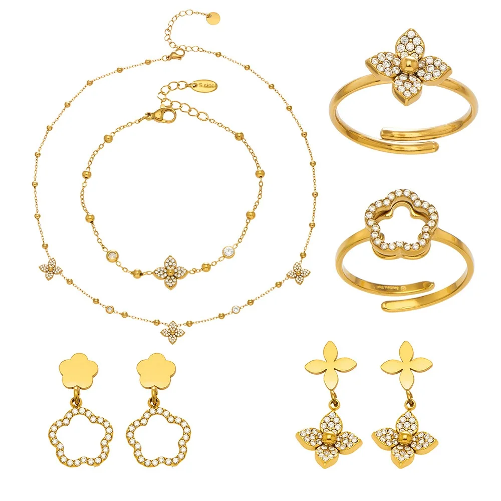 Jewelry Set with Pave Flower Motifs, 18K Gold-Plated Steel