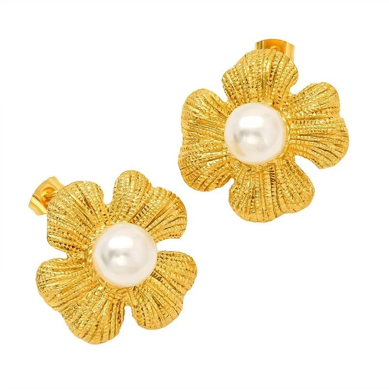 Textured 18K Gold-Plated Floral Pearl Stud Earrings