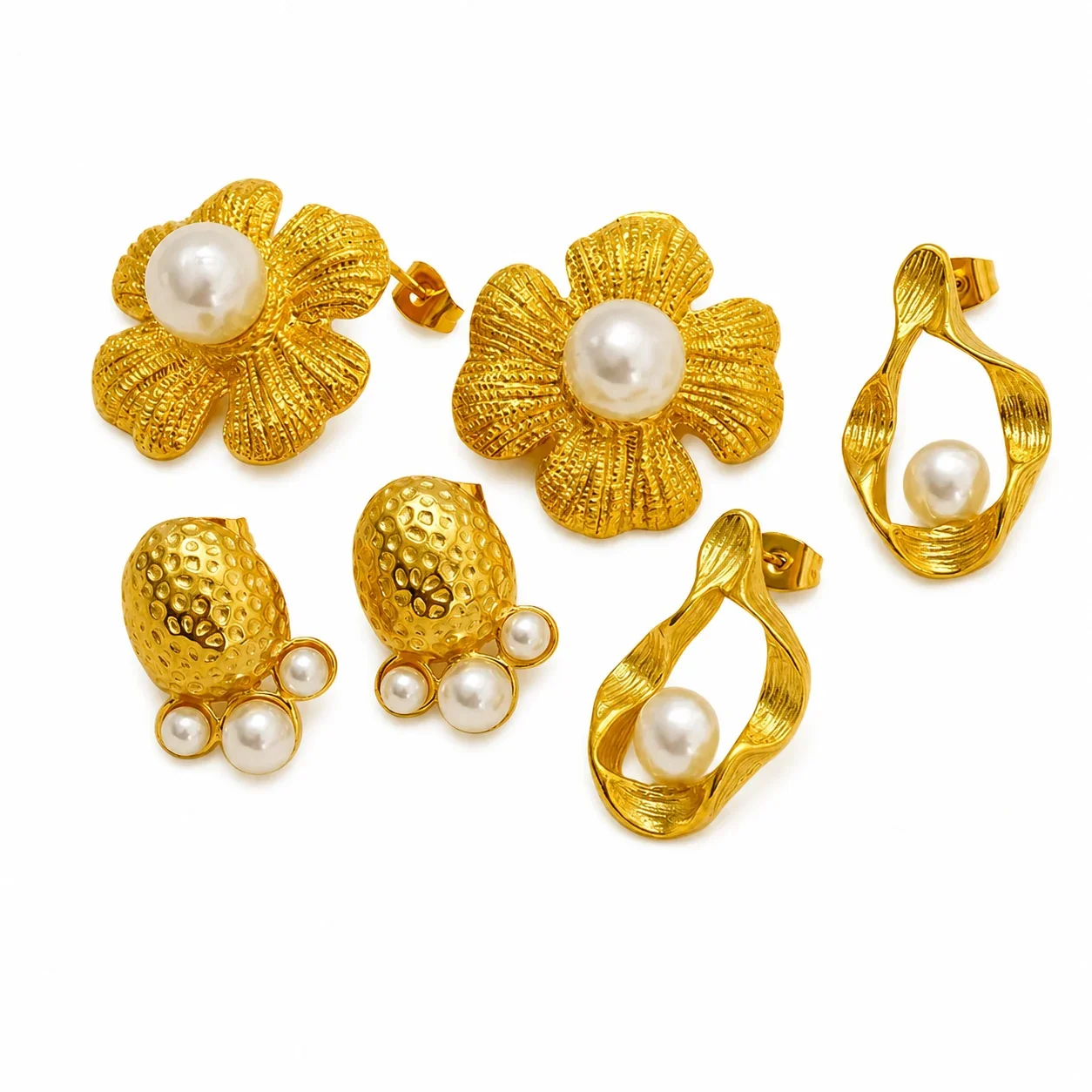 Textured 18K Gold-Plated Floral Pearl Stud Earrings