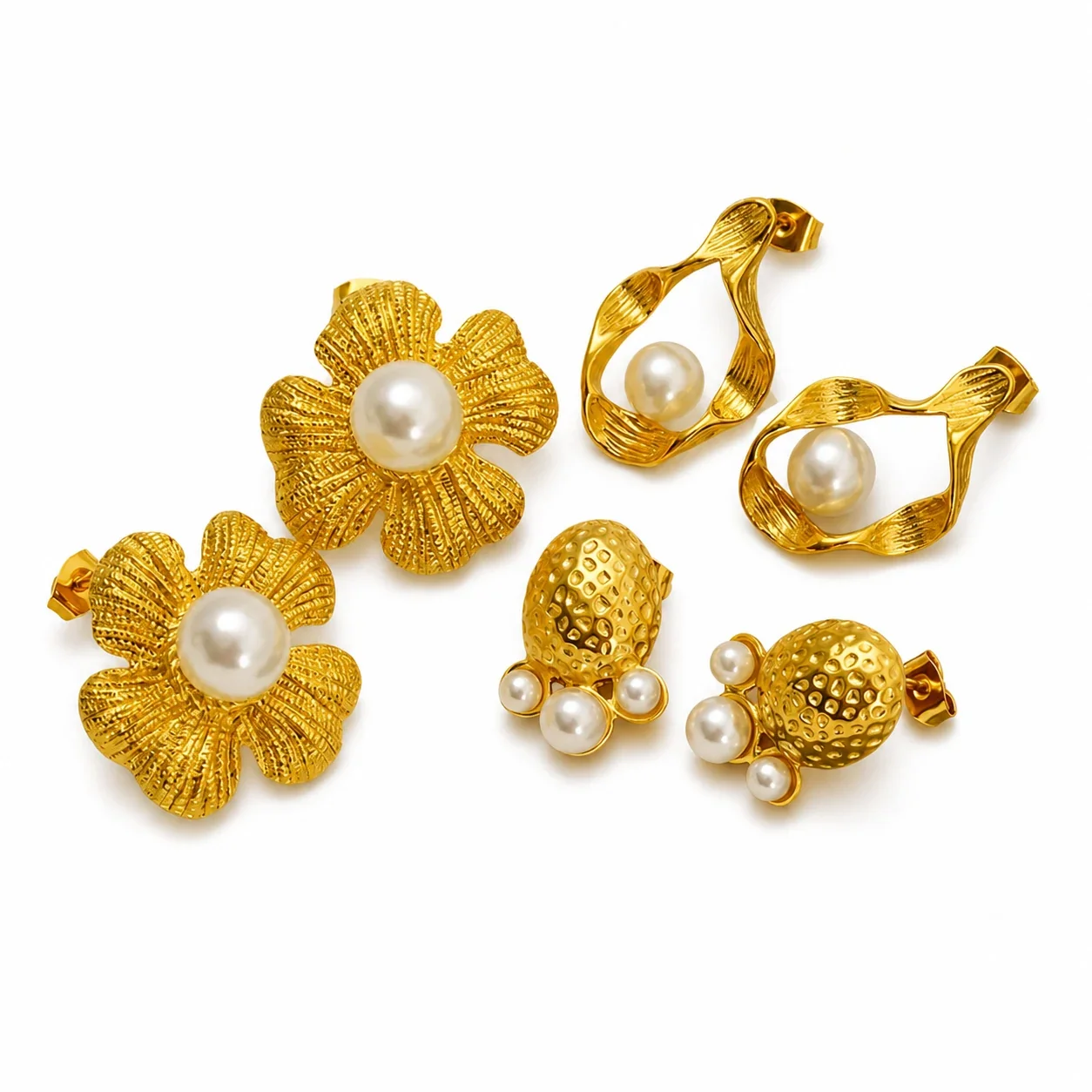Textured 18K Gold-Plated Floral Pearl Stud Earrings