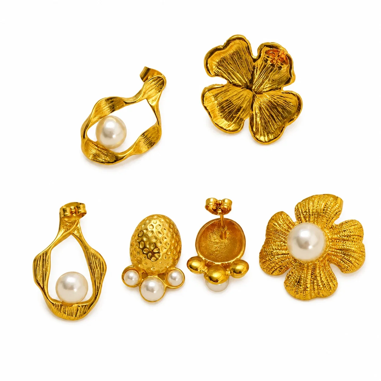 Textured 18K Gold-Plated Floral Pearl Stud Earrings