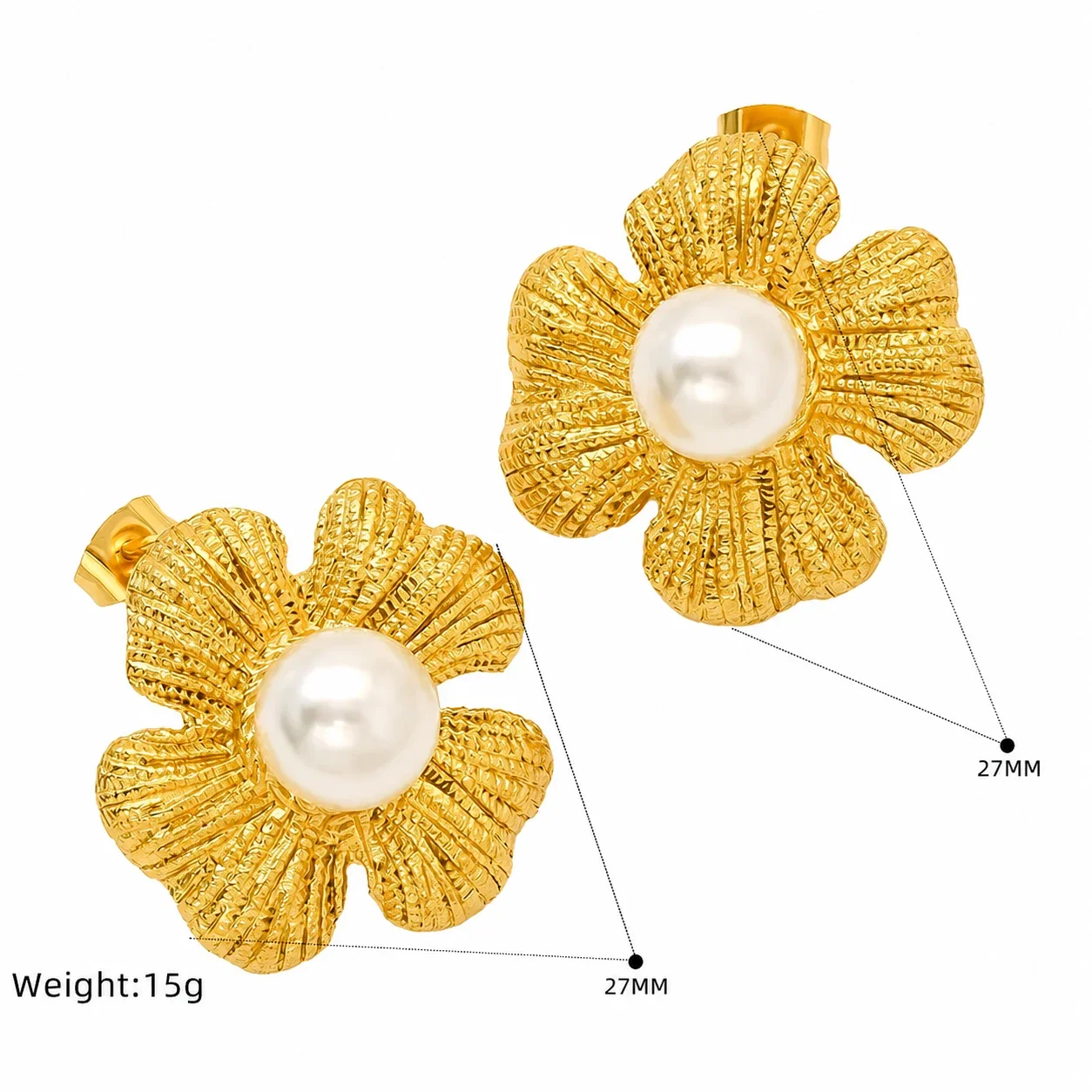 Textured 18K Gold-Plated Floral Pearl Stud Earrings