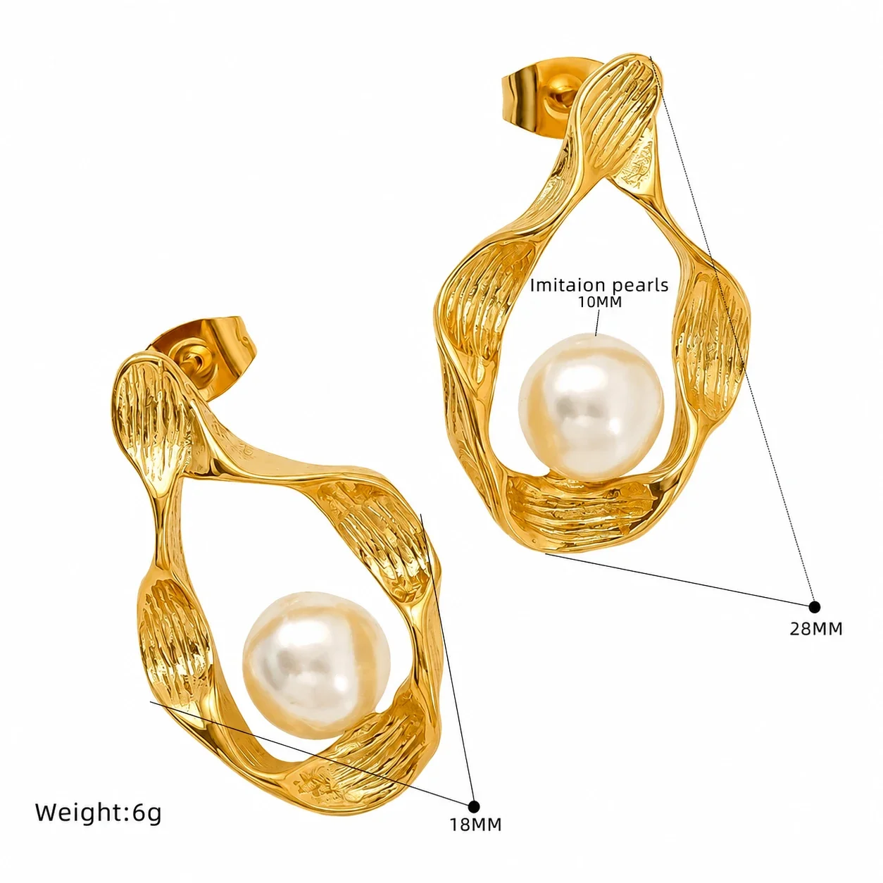 Textured 18K Gold-Plated Floral Pearl Stud Earrings - Gold Floral Pearl Stud
