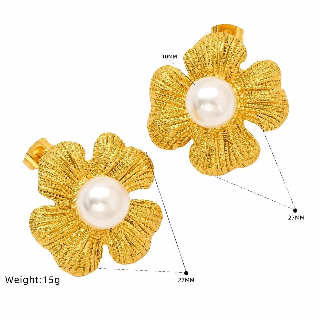 Textured 18K Gold-Plated Floral Pearl Stud Earrings - Gold Hammered Pearl Stud