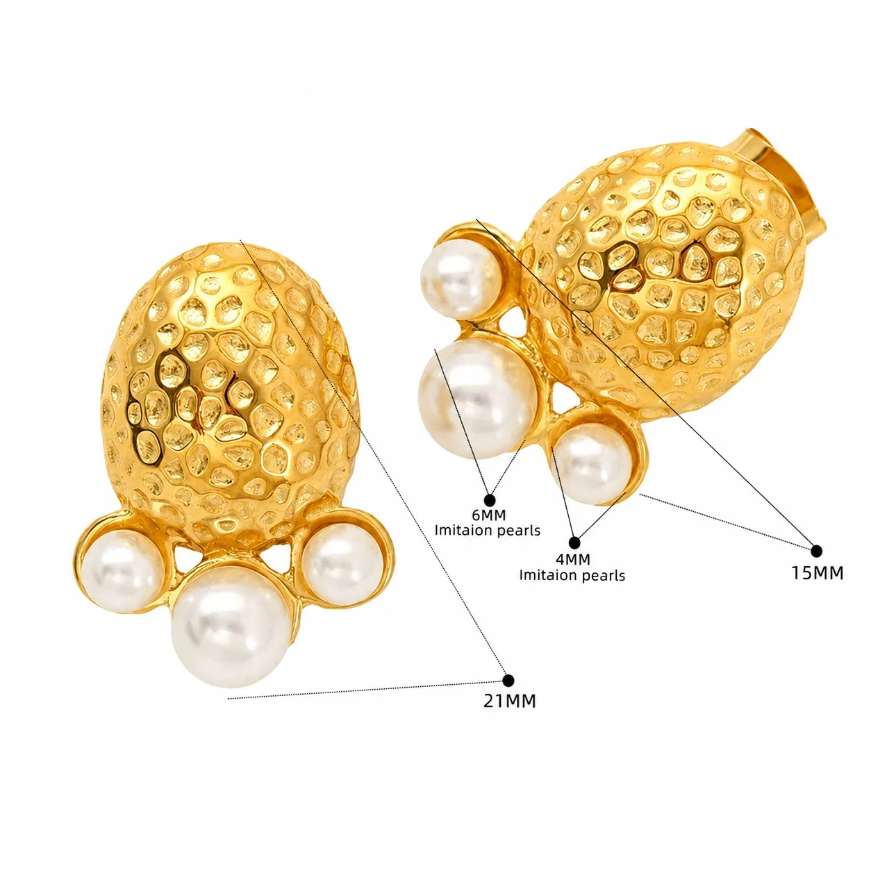 Textured 18K Gold-Plated Floral Pearl Stud Earrings - Gold Open Pearl Stud