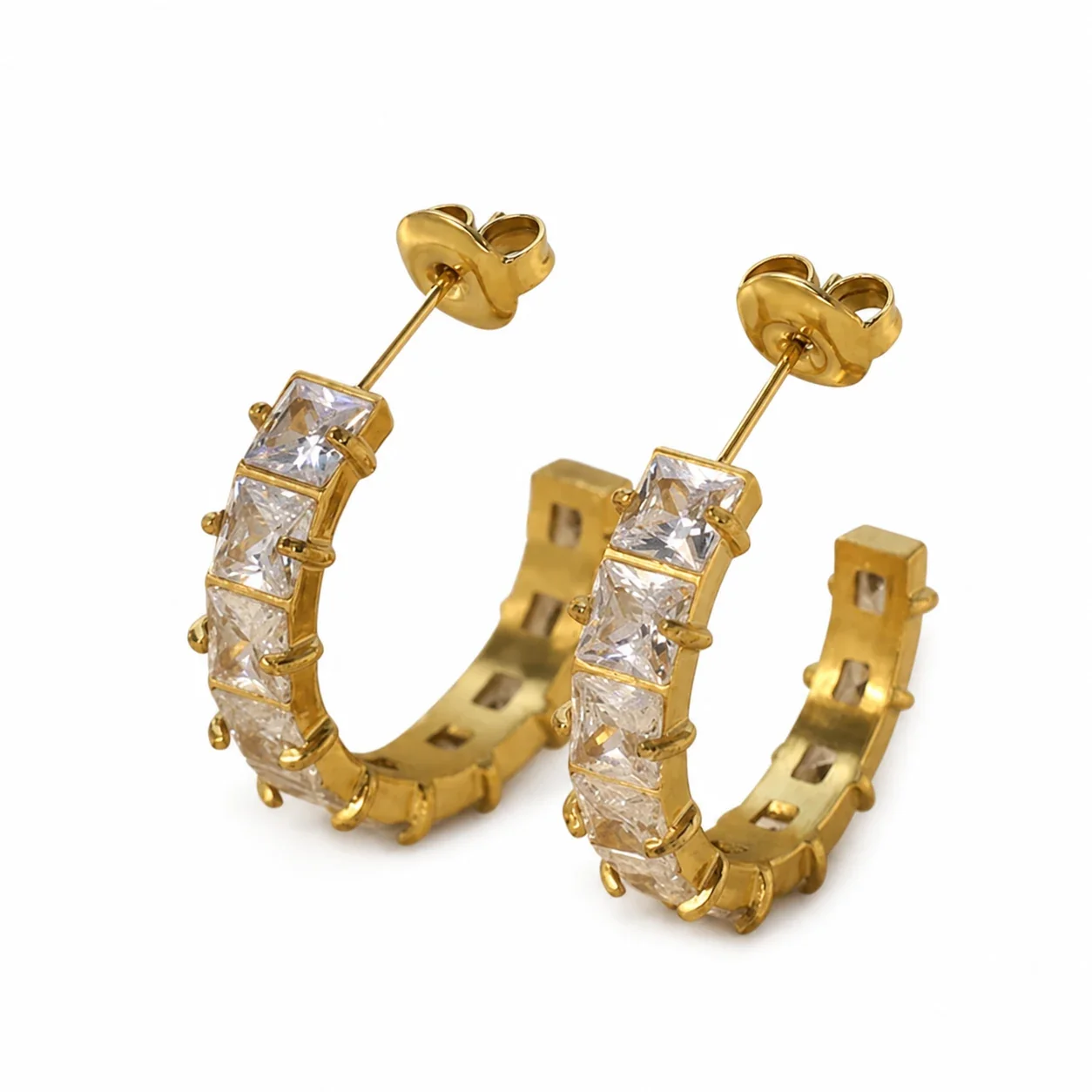 Radiant 18K Gold-Plated Square CZ C-Hoop Earrings