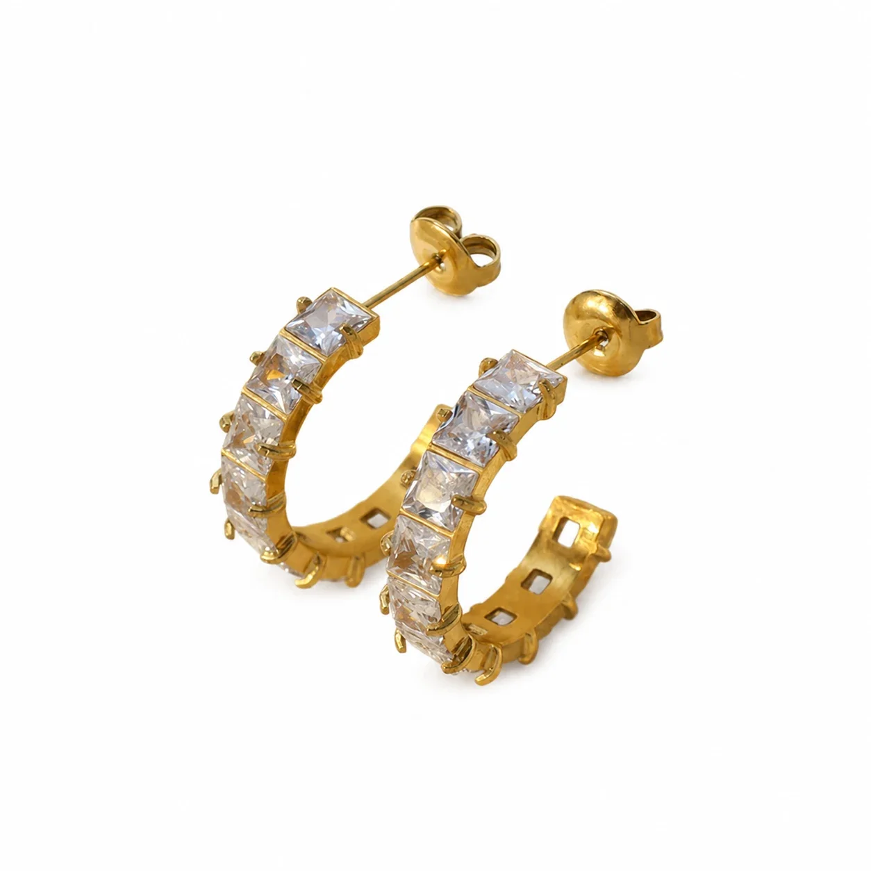 Radiant 18K Gold-Plated Square CZ C-Hoop Earrings