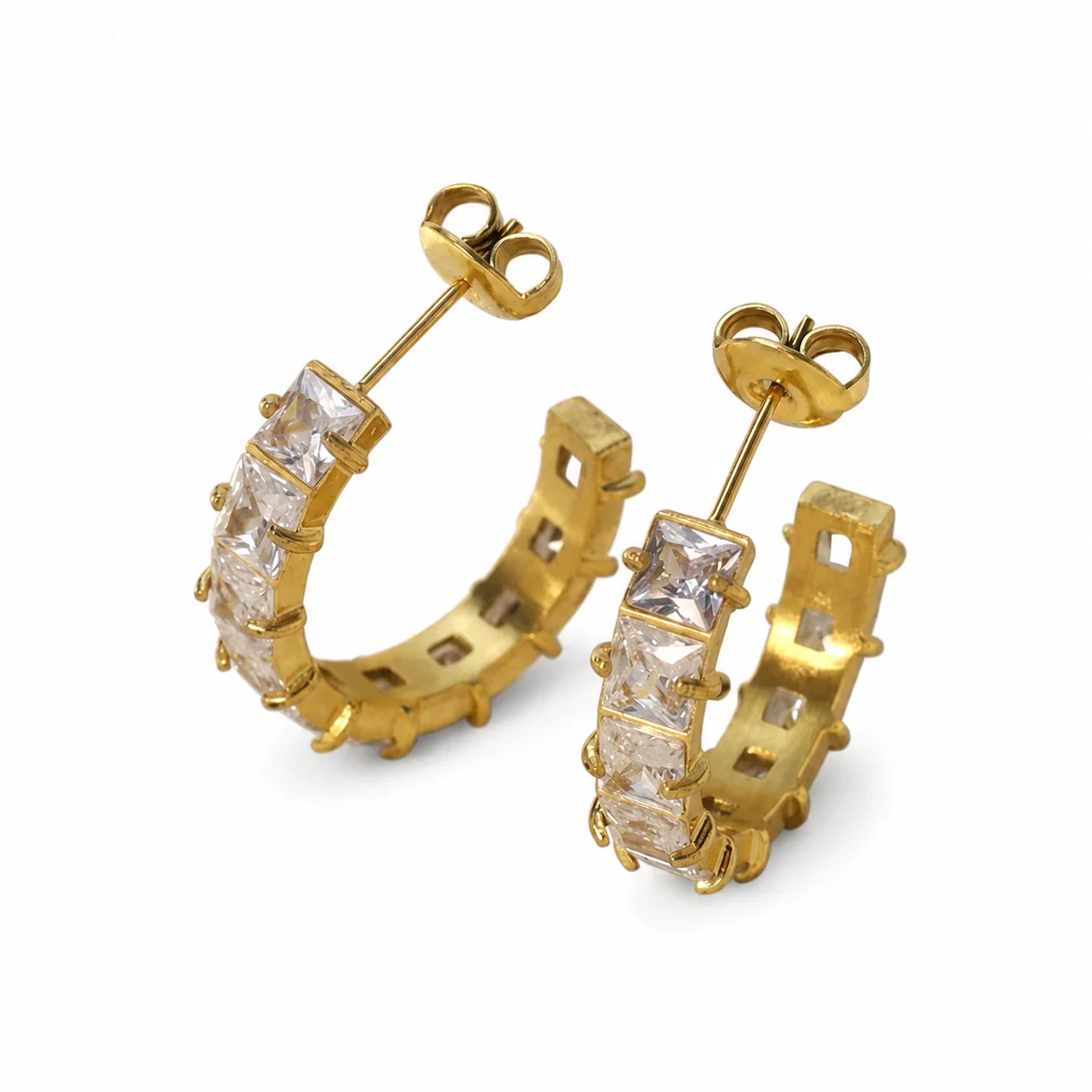 Radiant 18K Gold-Plated Square CZ C-Hoop Earrings