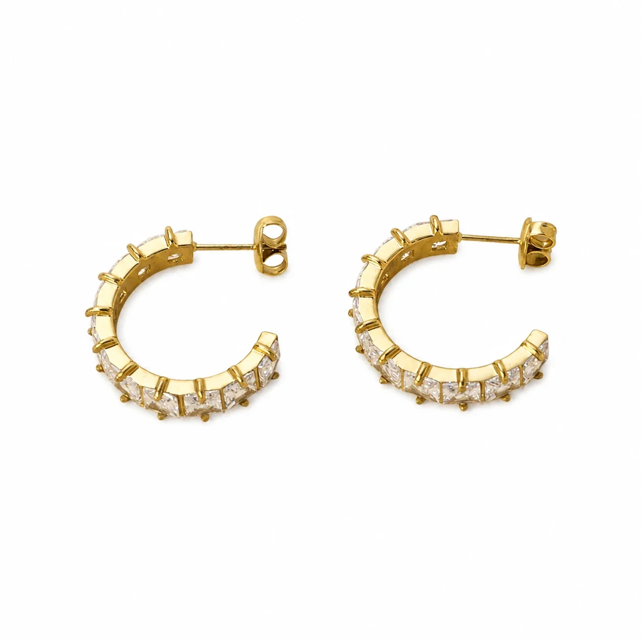 Radiant 18K Gold-Plated Square CZ C-Hoop Earrings
