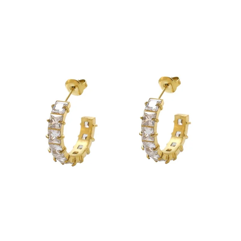 Radiant 18K Gold-Plated Square CZ C-Hoop Earrings - Gold