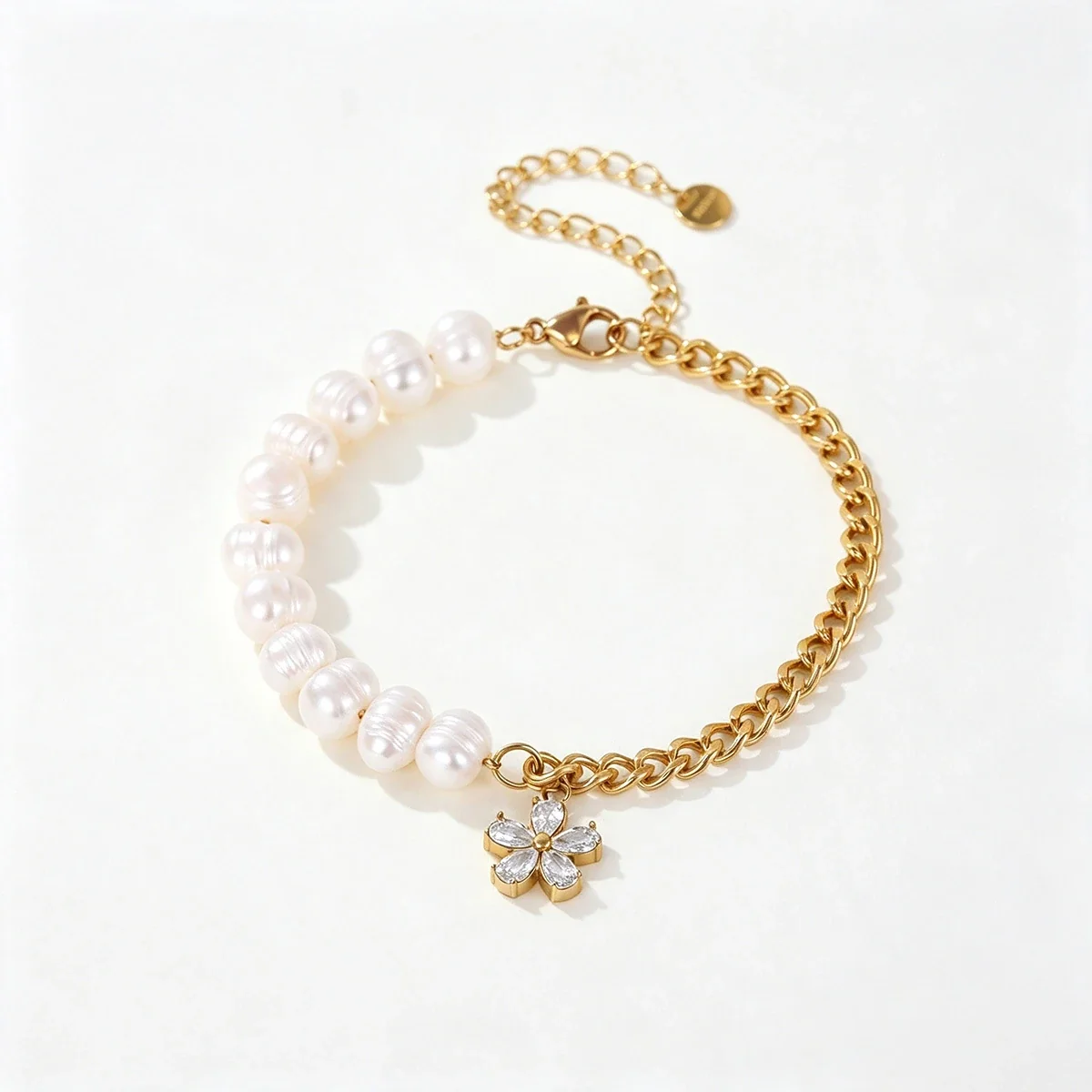 Armband met Parel, Gourmetketting & Bloem, 18K Verguld Roestvrij Staal