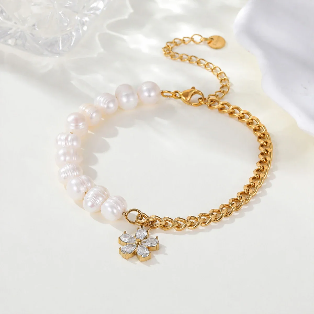 Armband met Parel, Gourmetketting & Bloem, 18K Verguld Roestvrij Staal productfoto