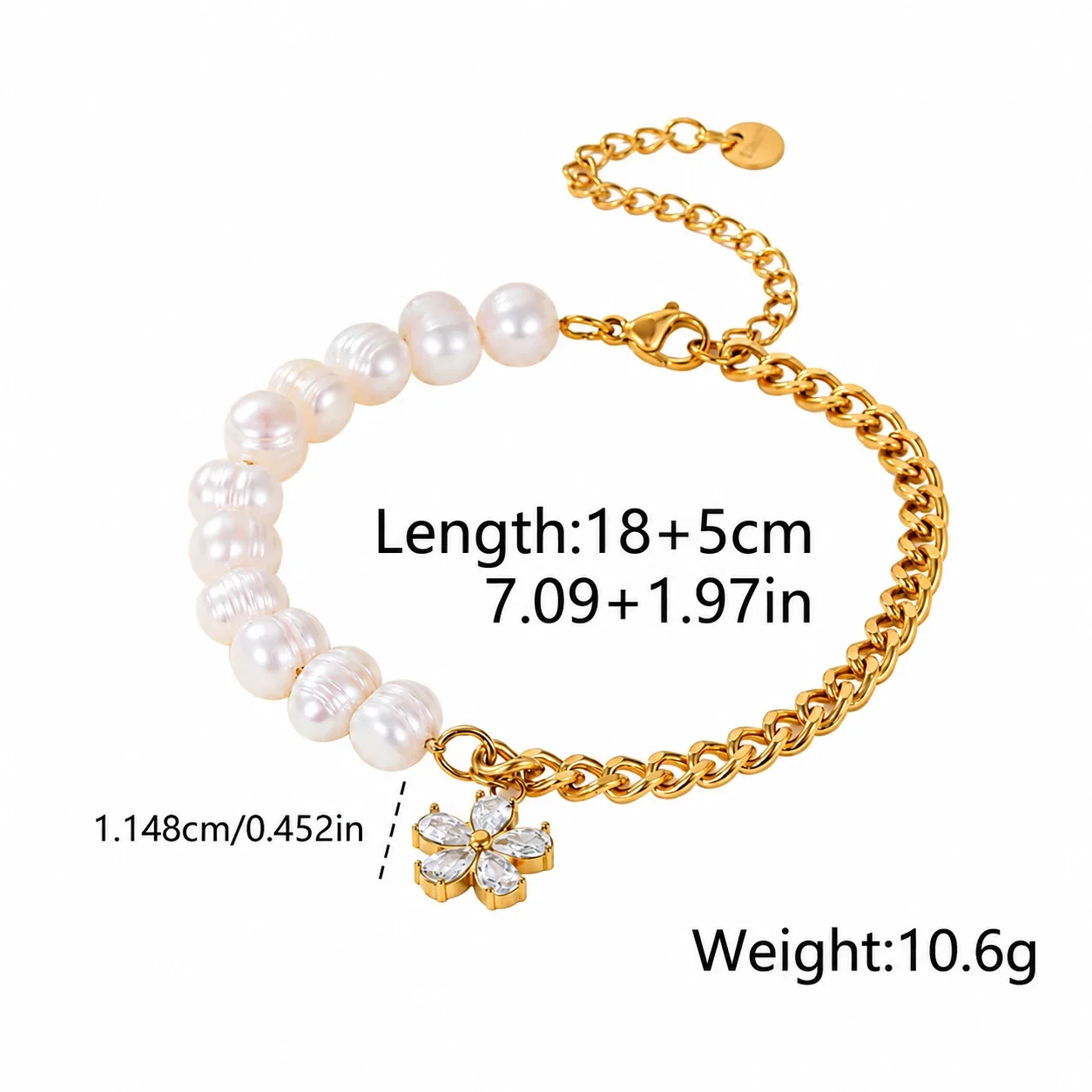 Armband met Parel, Gourmetketting & Bloem, 18K Verguld Roestvrij Staal productfoto