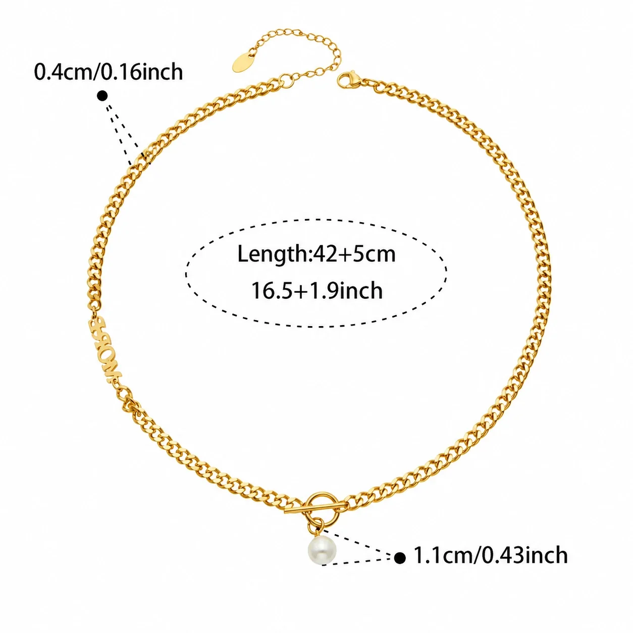 Necklace with Pearl-Effect Beads and 18K Gold Plating - Gold T-Bar Pearl-Effect, 42+5 cm