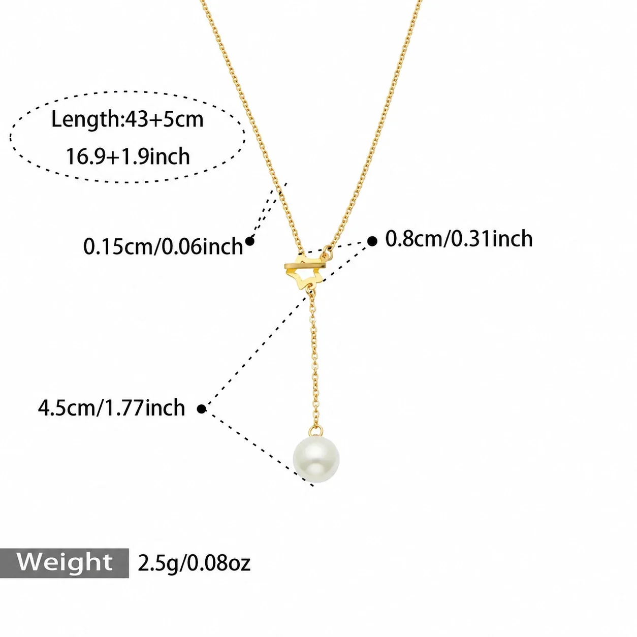 Necklace with Pearl-Effect Beads and 18K Gold Plating - Gold T-Bar Pearl-Effect Y, 43+5 cm
