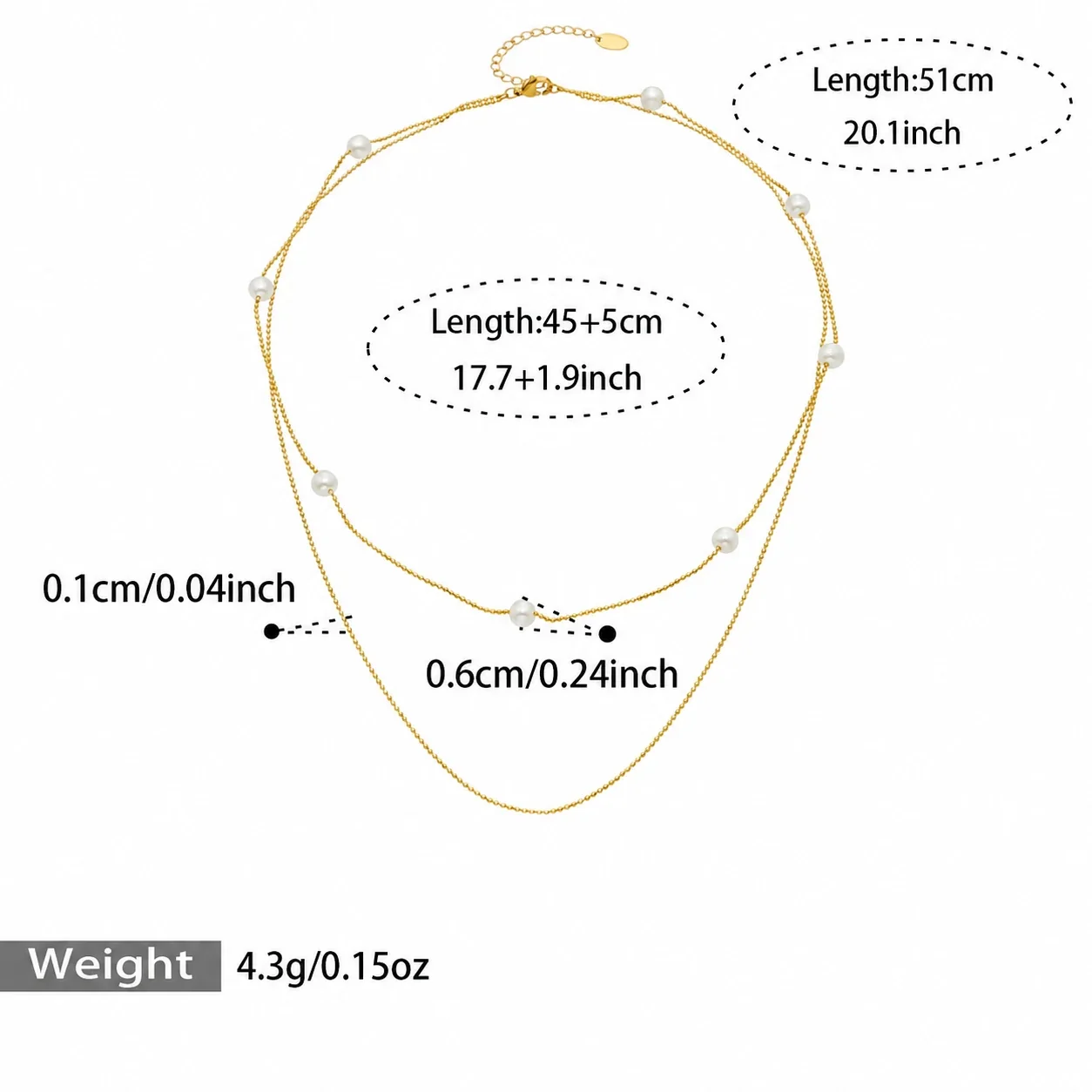 Necklace with Pearl-Effect Beads and 18K Gold Plating - Gold Double-Layer Pearl-Effect, 45+5 cm