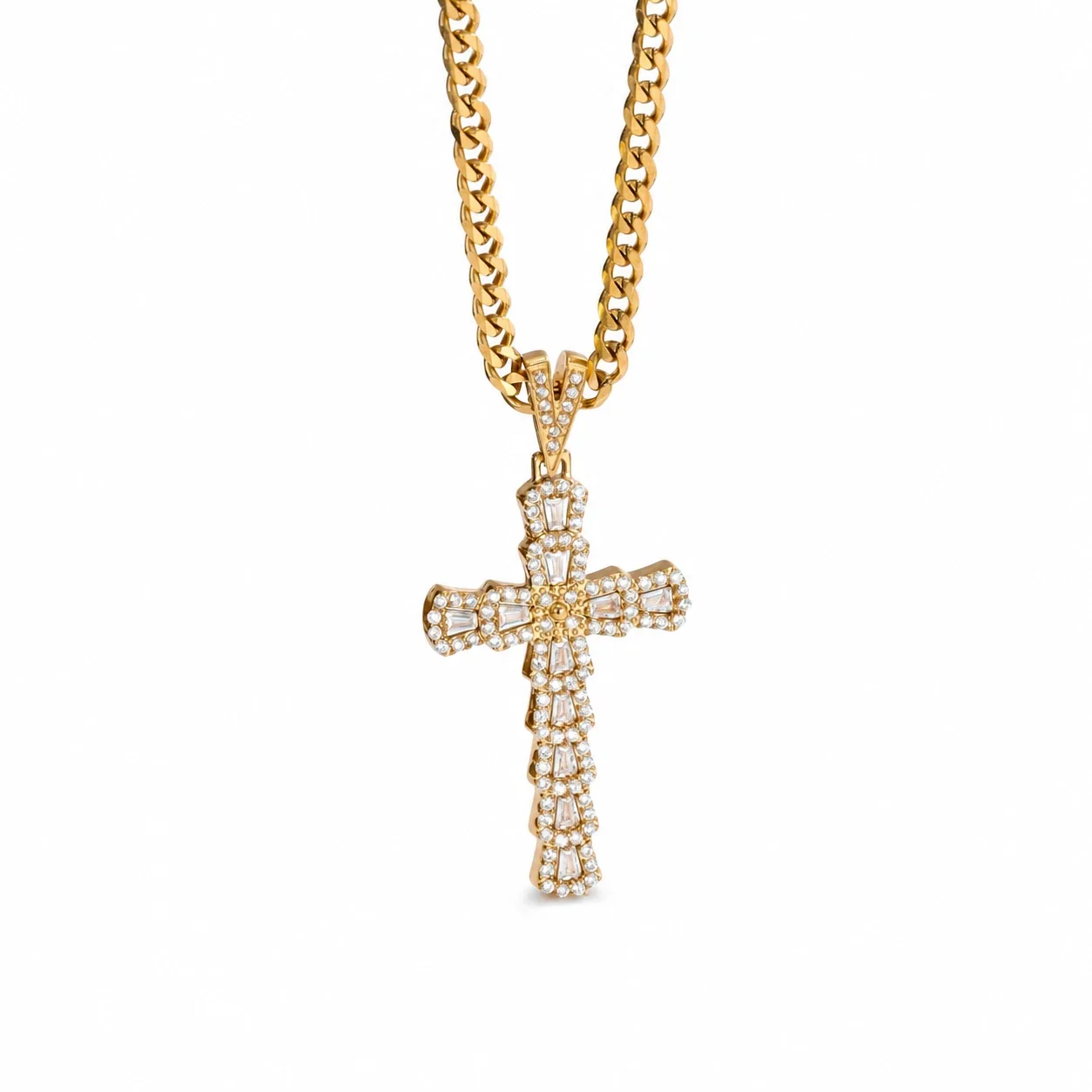 Bold 316 Stainless Steel Pavé Cross Pendant Necklace - Gold White Stone