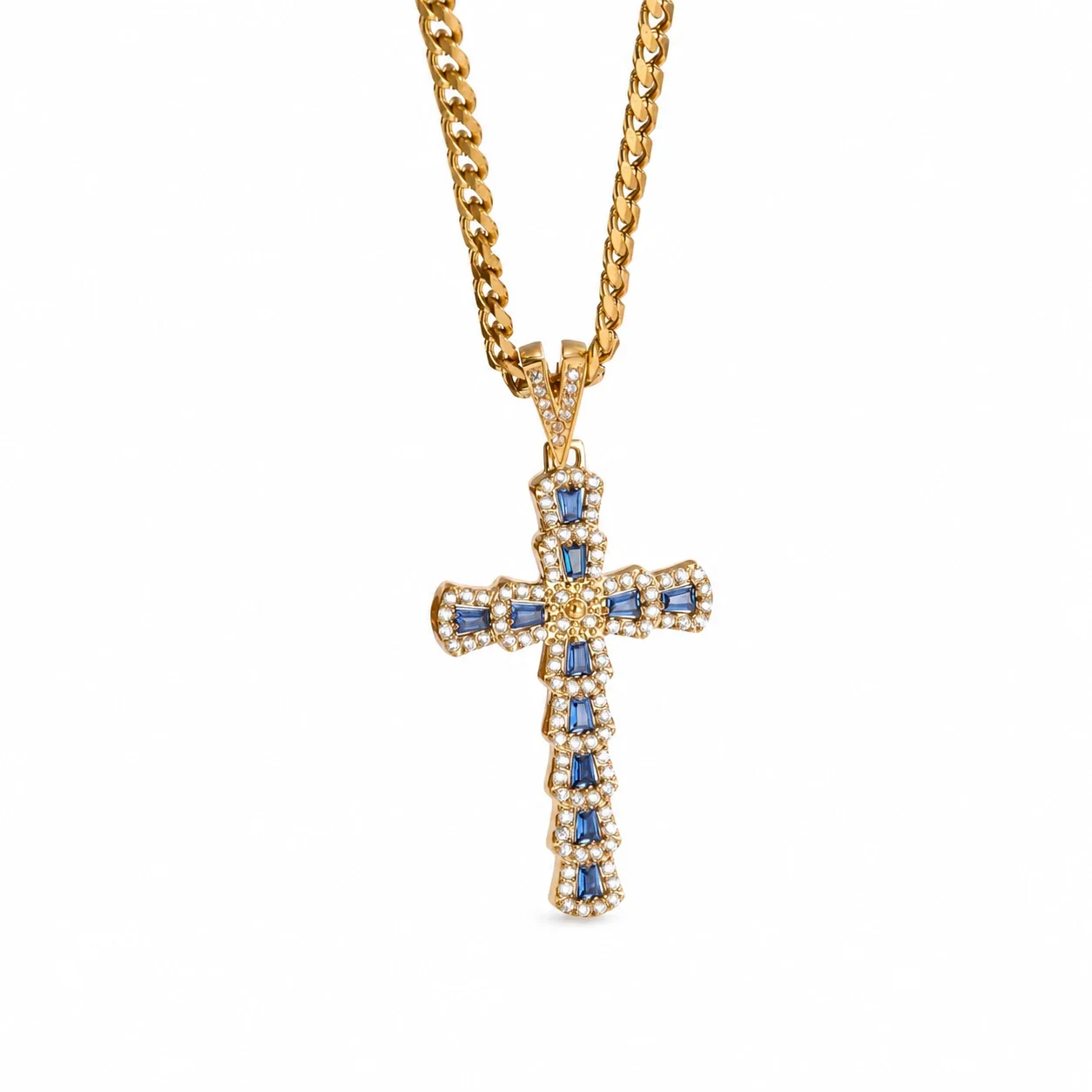 Bold 316 Stainless Steel Pavé Cross Pendant Necklace - Gold Aqua Stone