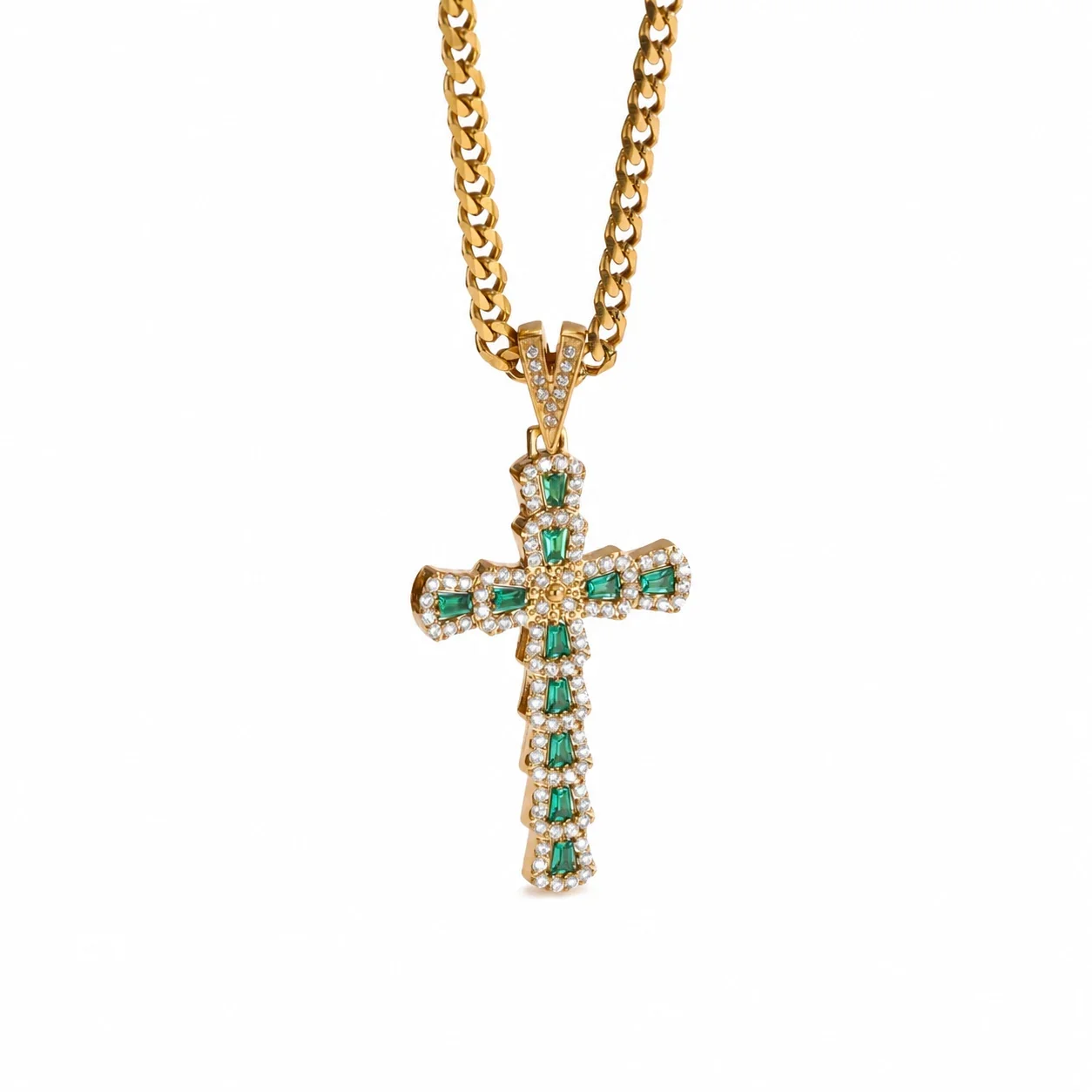 Bold 316 Stainless Steel Pavé Cross Pendant Necklace - Gold Green Stone