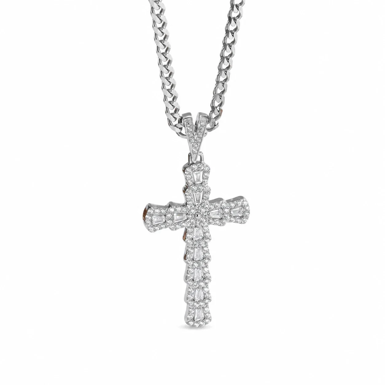 Bold 316 Stainless Steel Pavé Cross Pendant Necklace - Silver White Stone