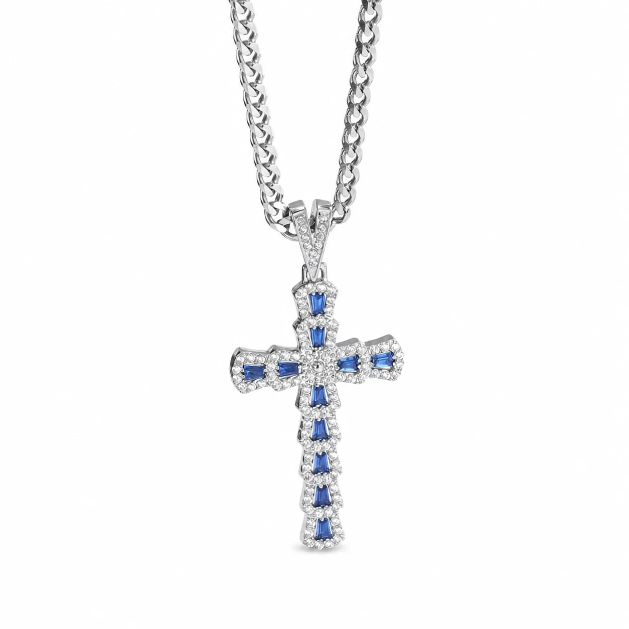 Bold 316 Stainless Steel Pavé Cross Pendant Necklace - Silver Aqua Stone