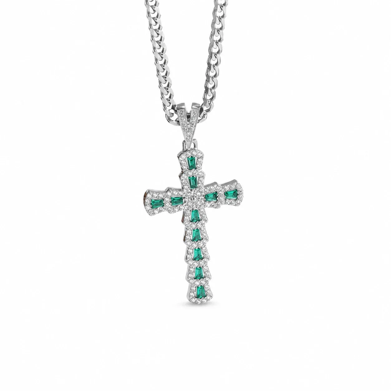 Bold 316 Stainless Steel Pavé Cross Pendant Necklace - Silver Green Stone