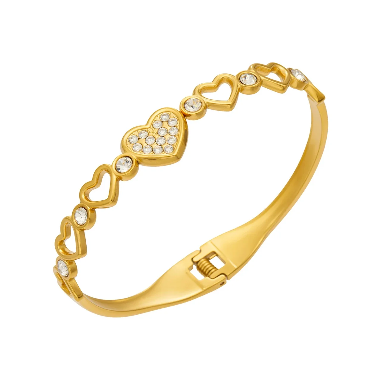 Bracelete Articulado de Elos Coração com Zircónias Cúbicas, Aço Inoxidável 316 Banhado a Dourado