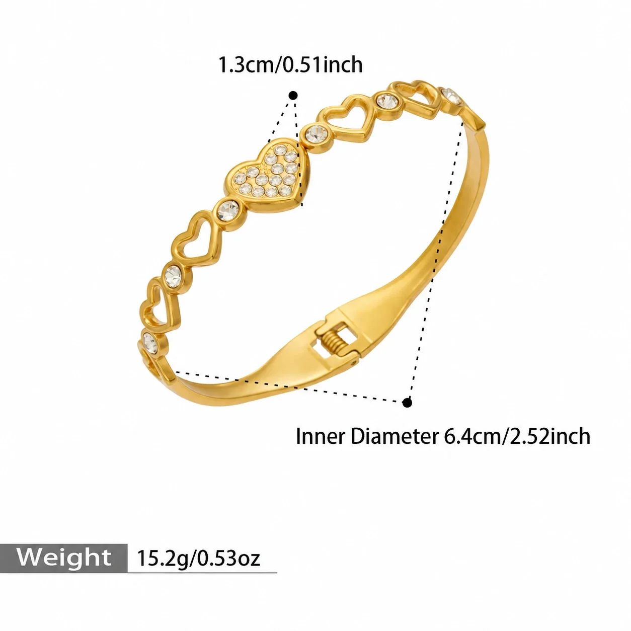 Foto prodotto: Bracciale rigido con maglie a cuore e zirconia cubica in acciaio inox 316 color oro