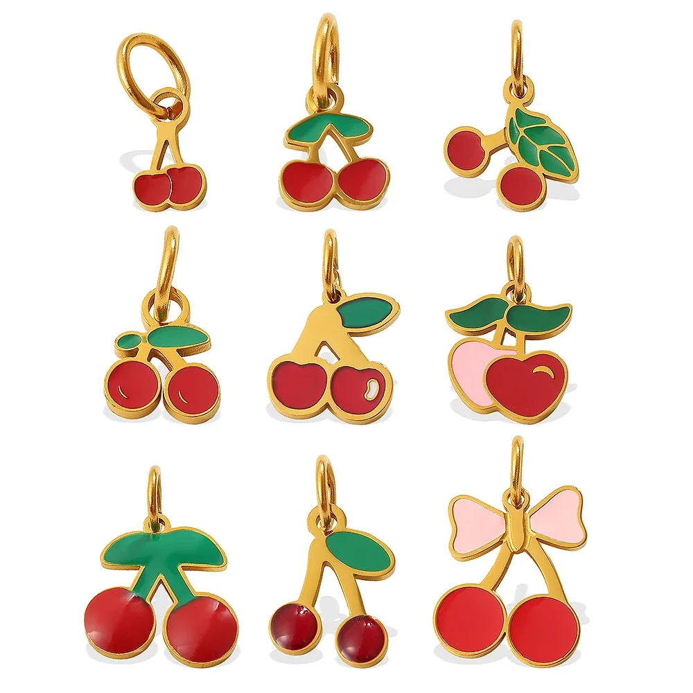Cherry Charm Pendant with Red Enamel and Gold-Plated Steel