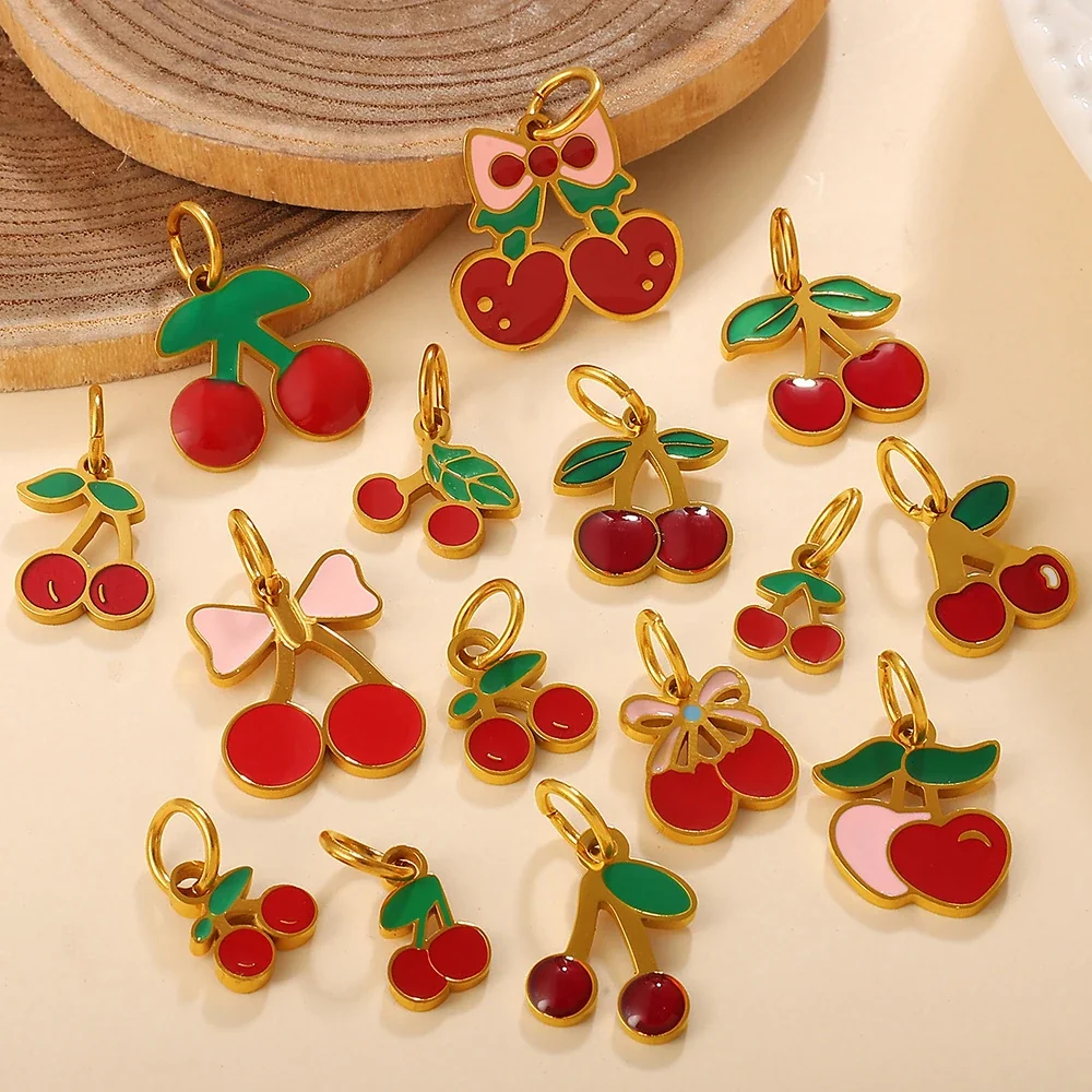 Cherry Charm Pendant with Red Enamel and Gold-Plated Steel