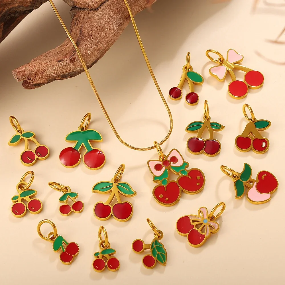 Cherry Charm Pendant with Red Enamel and Gold-Plated Steel