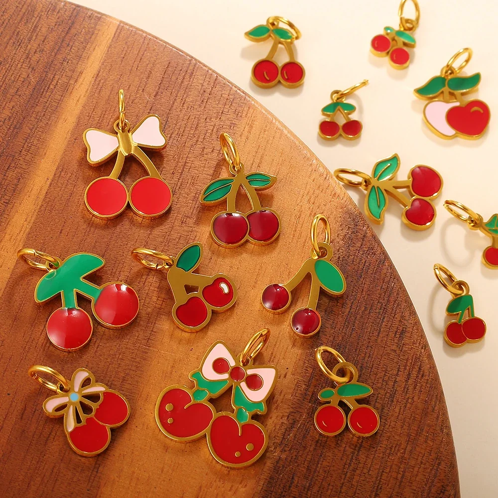 Cherry Charm Pendant with Red Enamel and Gold-Plated Steel