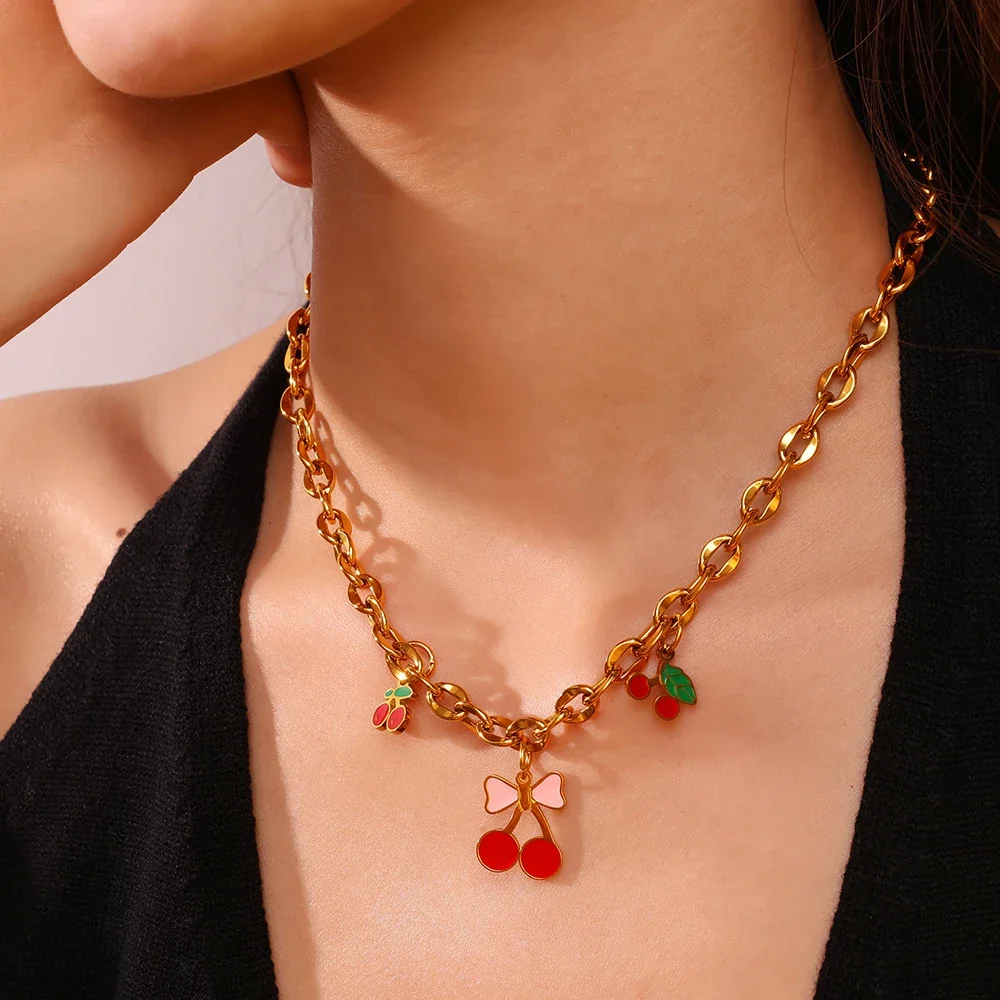 Cherry Charm Pendant with Red Enamel and Gold-Plated Steel