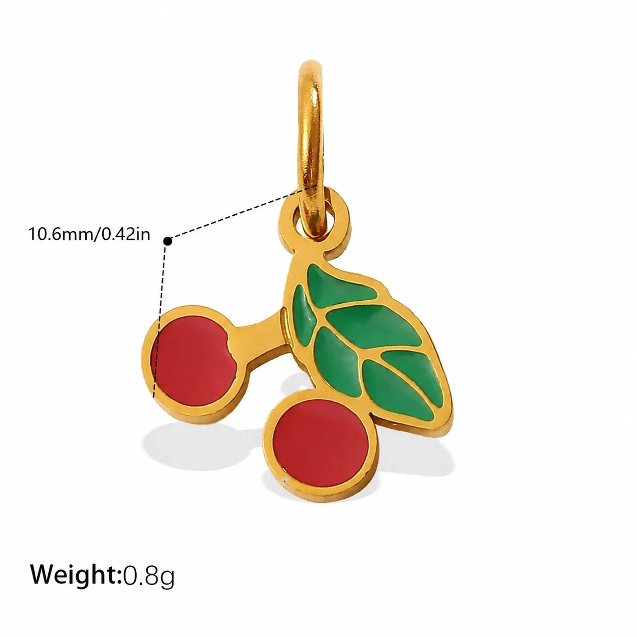 Cherry Charm Pendant with Red Enamel and Gold-Plated Steel - Cherry with Round Leaf