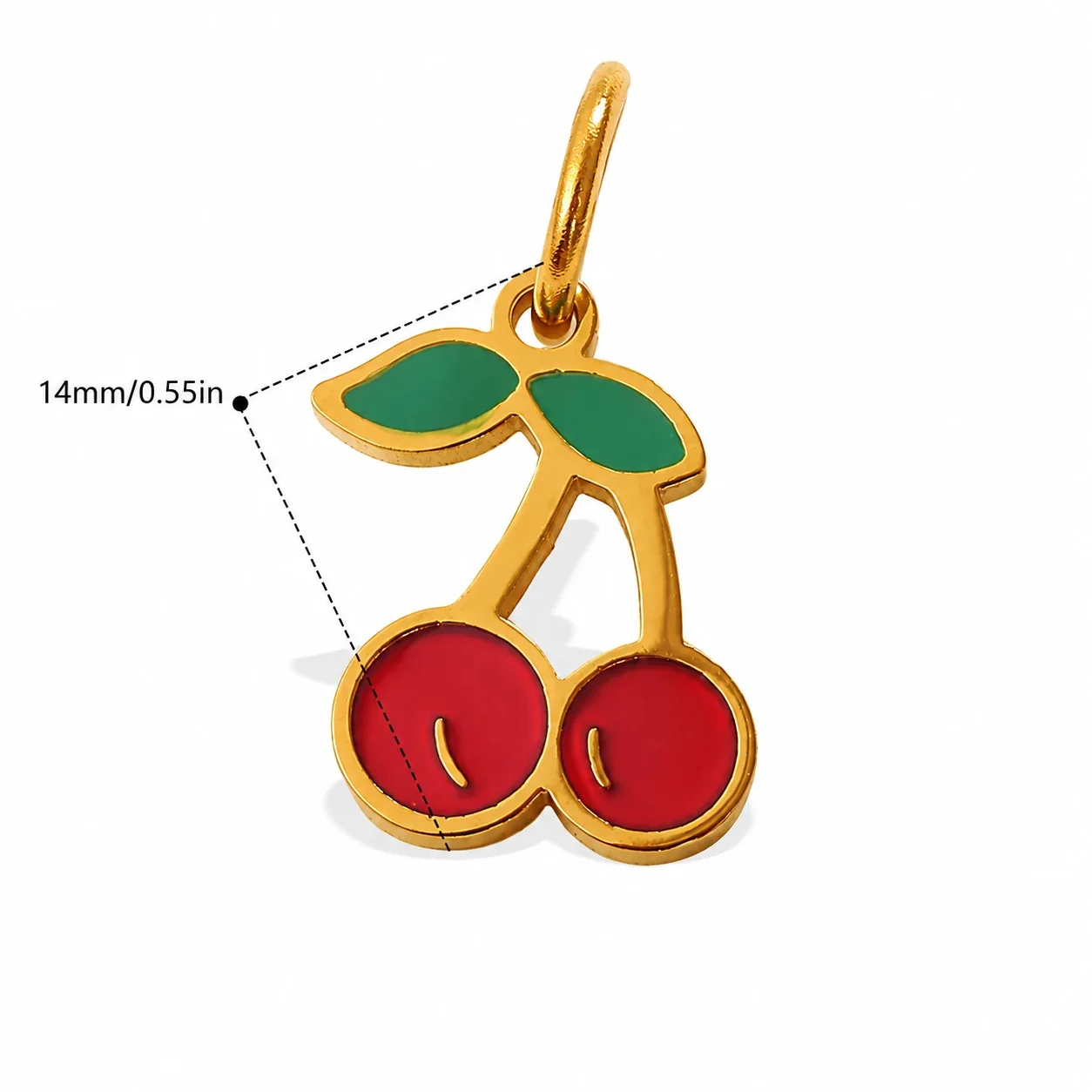 Cherry Charm Pendant with Red Enamel and Gold-Plated Steel - Cherry with Green Stem