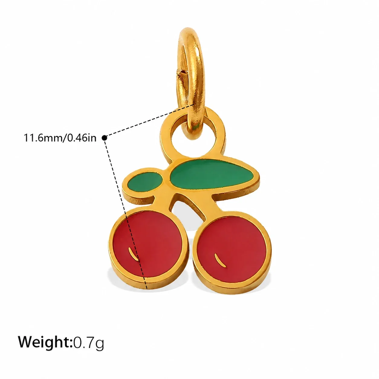 Cherry Charm Pendant with Red Enamel and Gold-Plated Steel - Cherry with Split Leaves