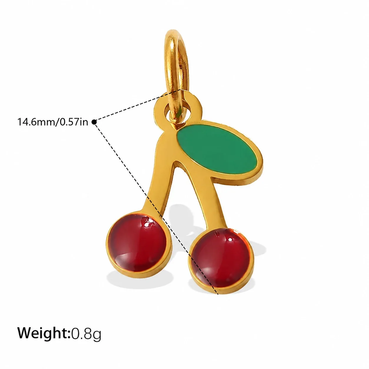 Cherry Charm Pendant with Red Enamel and Gold-Plated Steel - Cherry with Leaf Branch