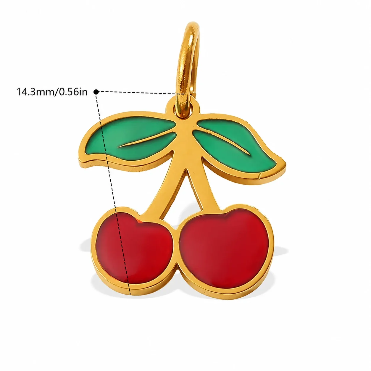 Cherry Charm Pendant with Red Enamel and Gold-Plated Steel - Large Leaf Cherry