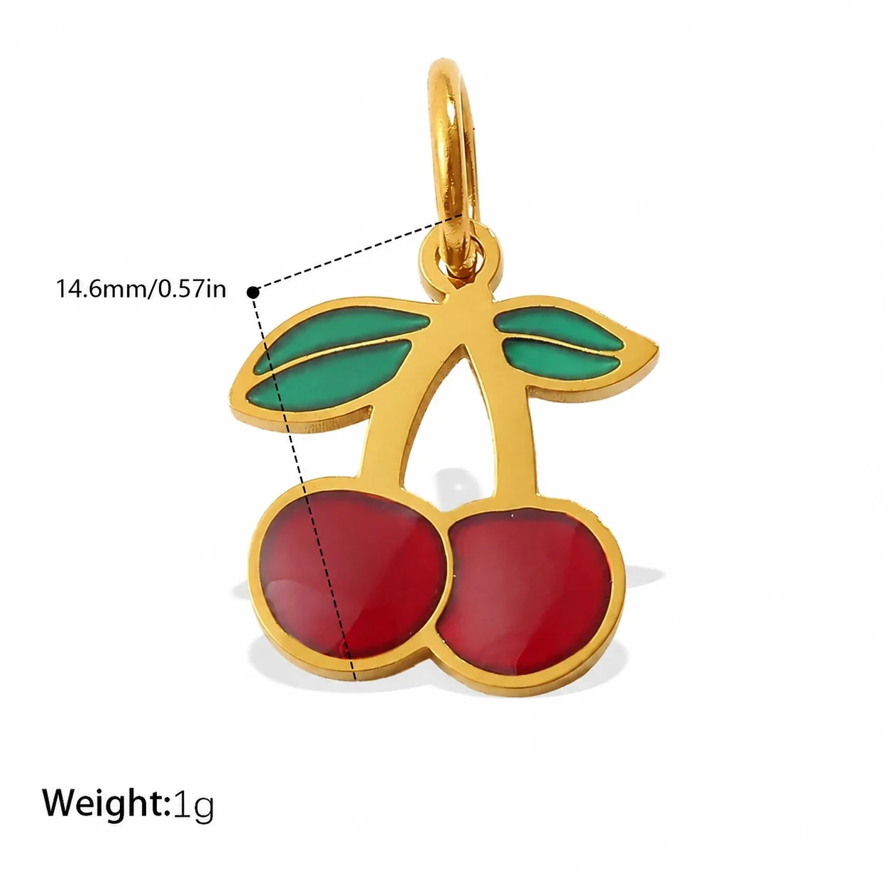 Cherry Charm Pendant with Red Enamel and Gold-Plated Steel - Double Leaf Cherry