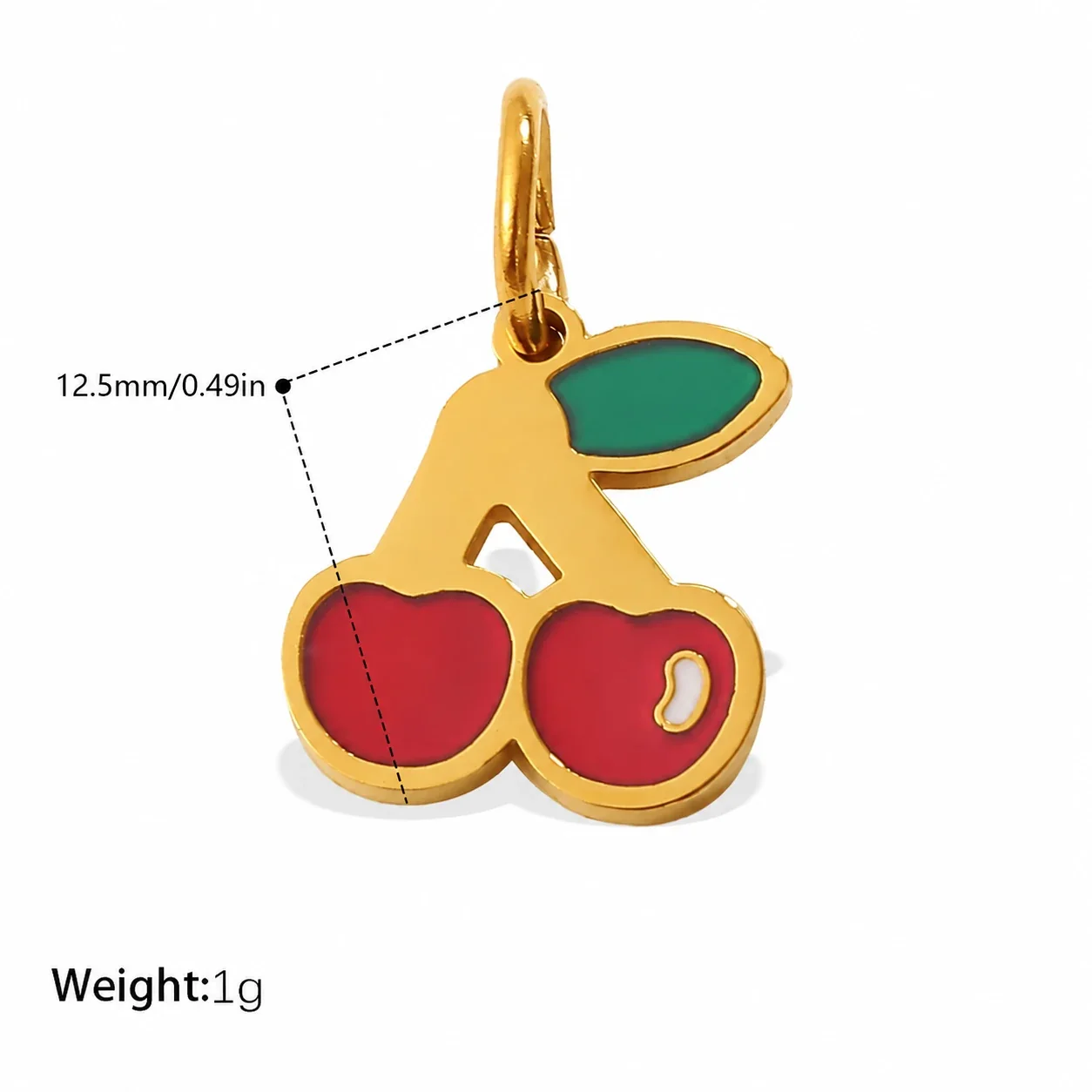 Cherry Charm Pendant with Red Enamel and Gold-Plated Steel - Cherry with Heart Accent