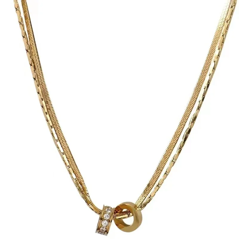 Layered Snake Chain Necklace with Crystal Rings, Stainless Steel