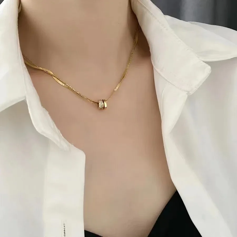 Layered Snake Chain Necklace with Crystal Rings, Stainless Steel