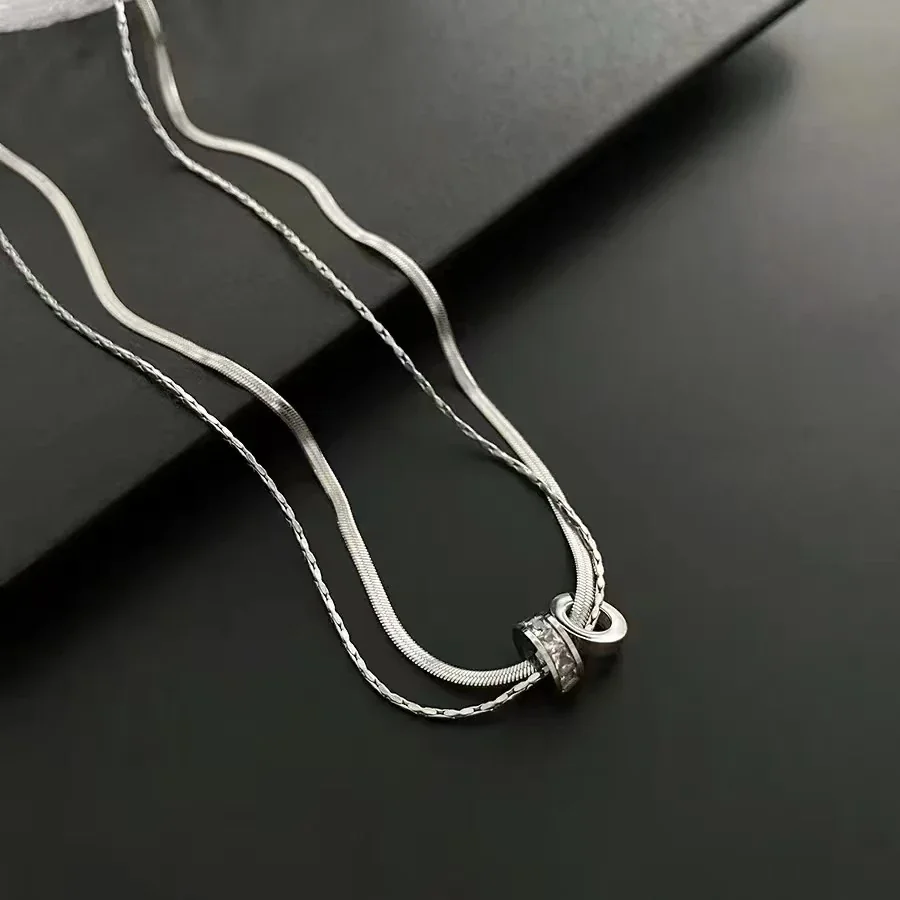 Layered Snake Chain Necklace with Crystal Rings, Stainless Steel