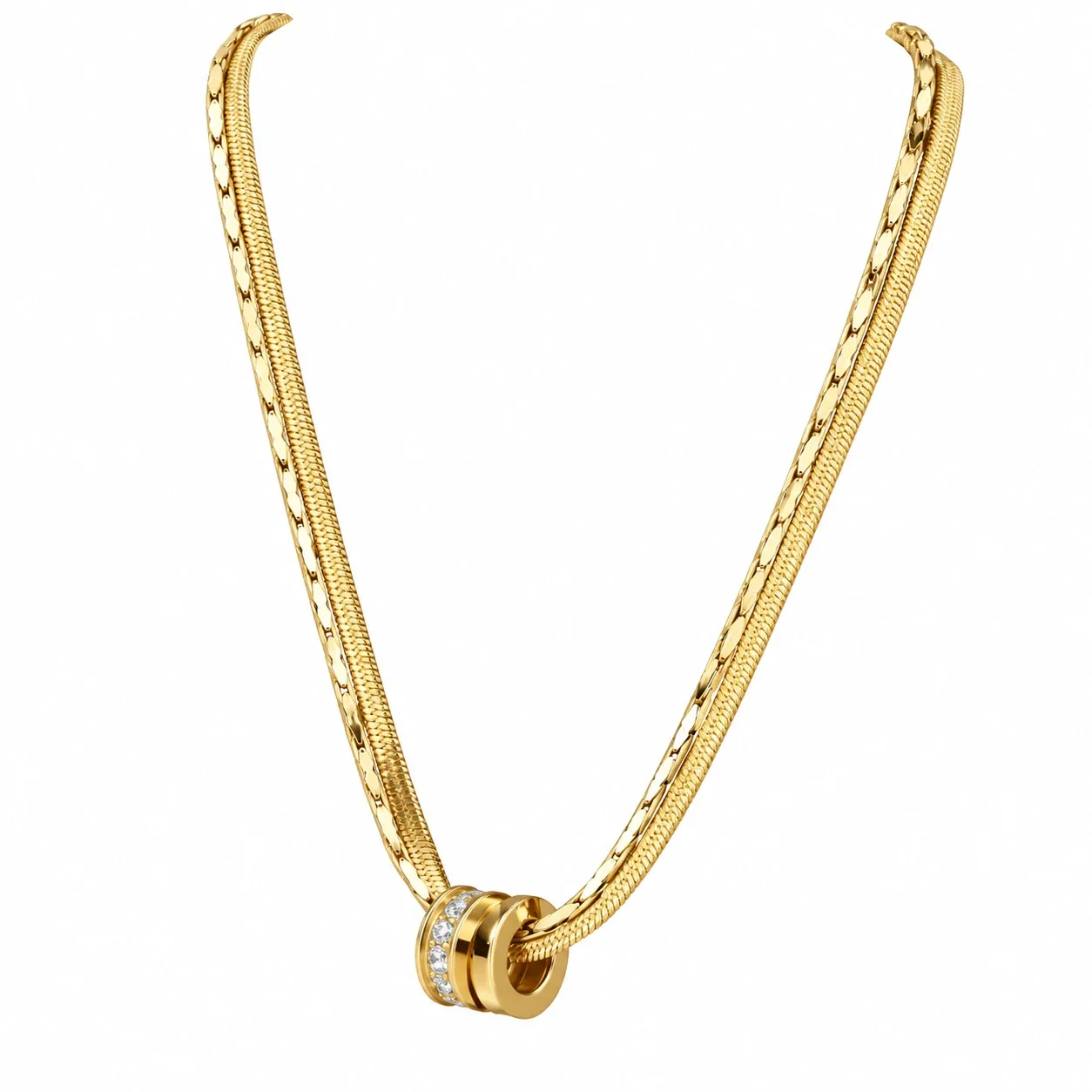 Layered Snake Chain Necklace with Crystal Rings, Stainless Steel - Gold