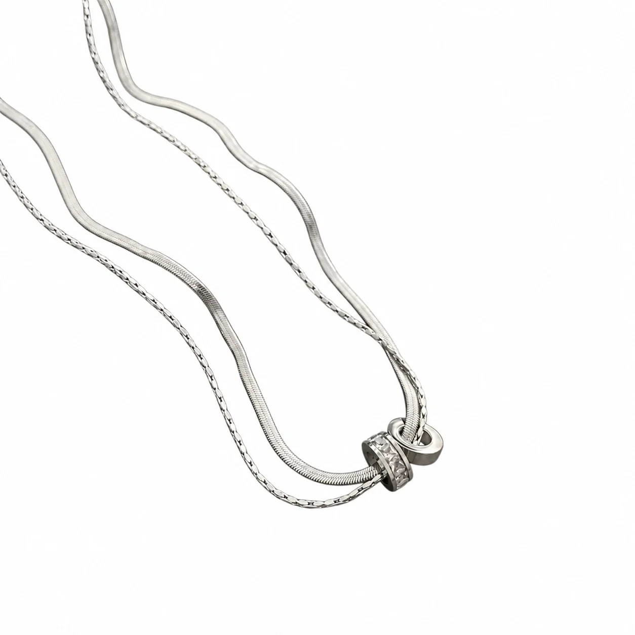 Layered Snake Chain Necklace with Crystal Rings, Stainless Steel - Silver
