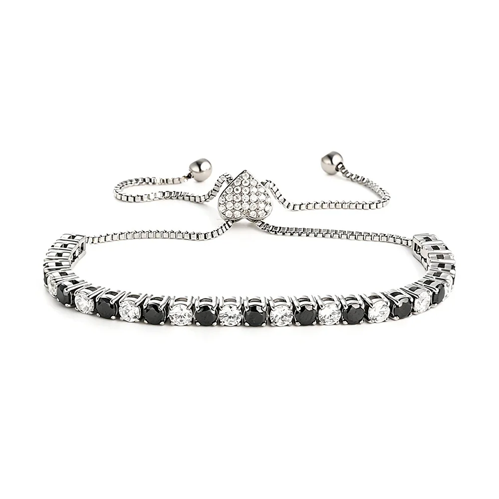 Gothic 316 Stainless Steel Black CZ Tennis Bracelet - Silver Heart Clasp Black & Clear CZ mm