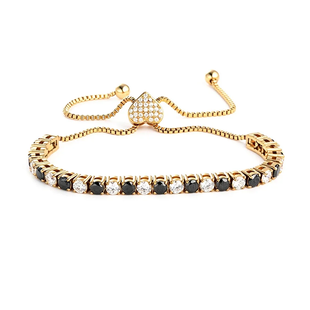 Gothic 316 Stainless Steel Black CZ Tennis Bracelet - Gold Heart Clasp Black & Clear CZ mm