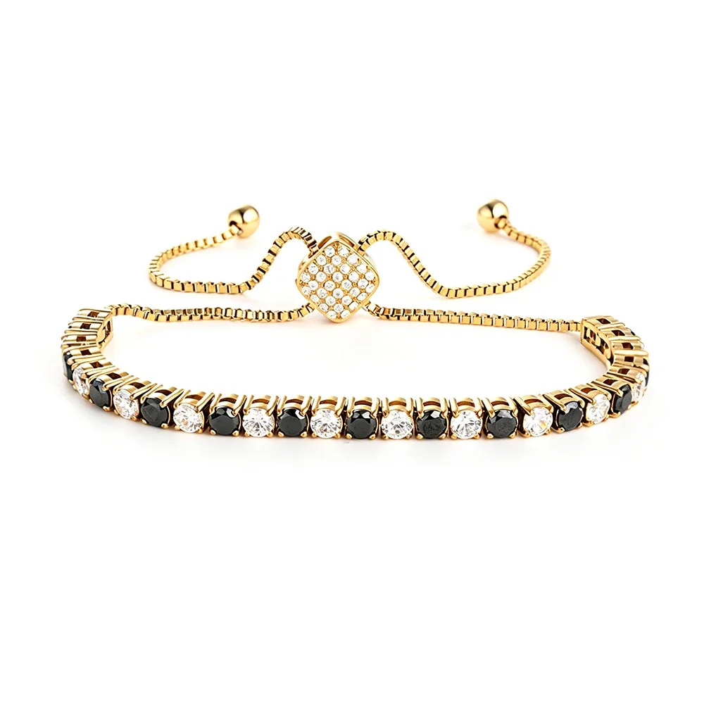 Gothic 316 Stainless Steel Black CZ Tennis Bracelet - Gold Square Clasp Black & Clear CZ mm
