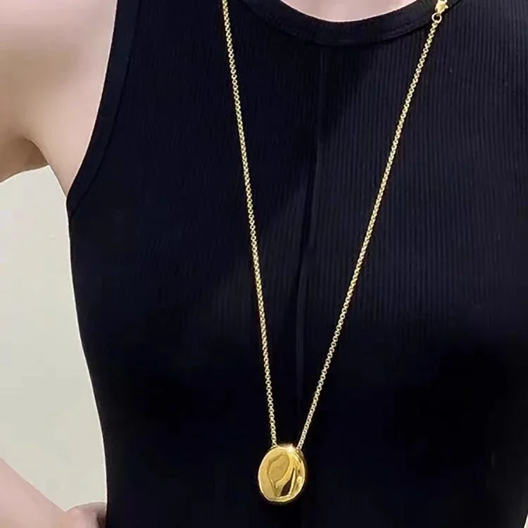 Oval Dome Pendant Bead Chain Stainless Steel Necklace