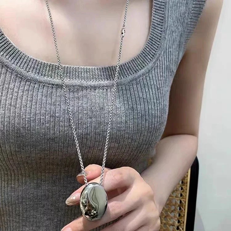 Oval Dome Pendant Bead Chain Stainless Steel Necklace